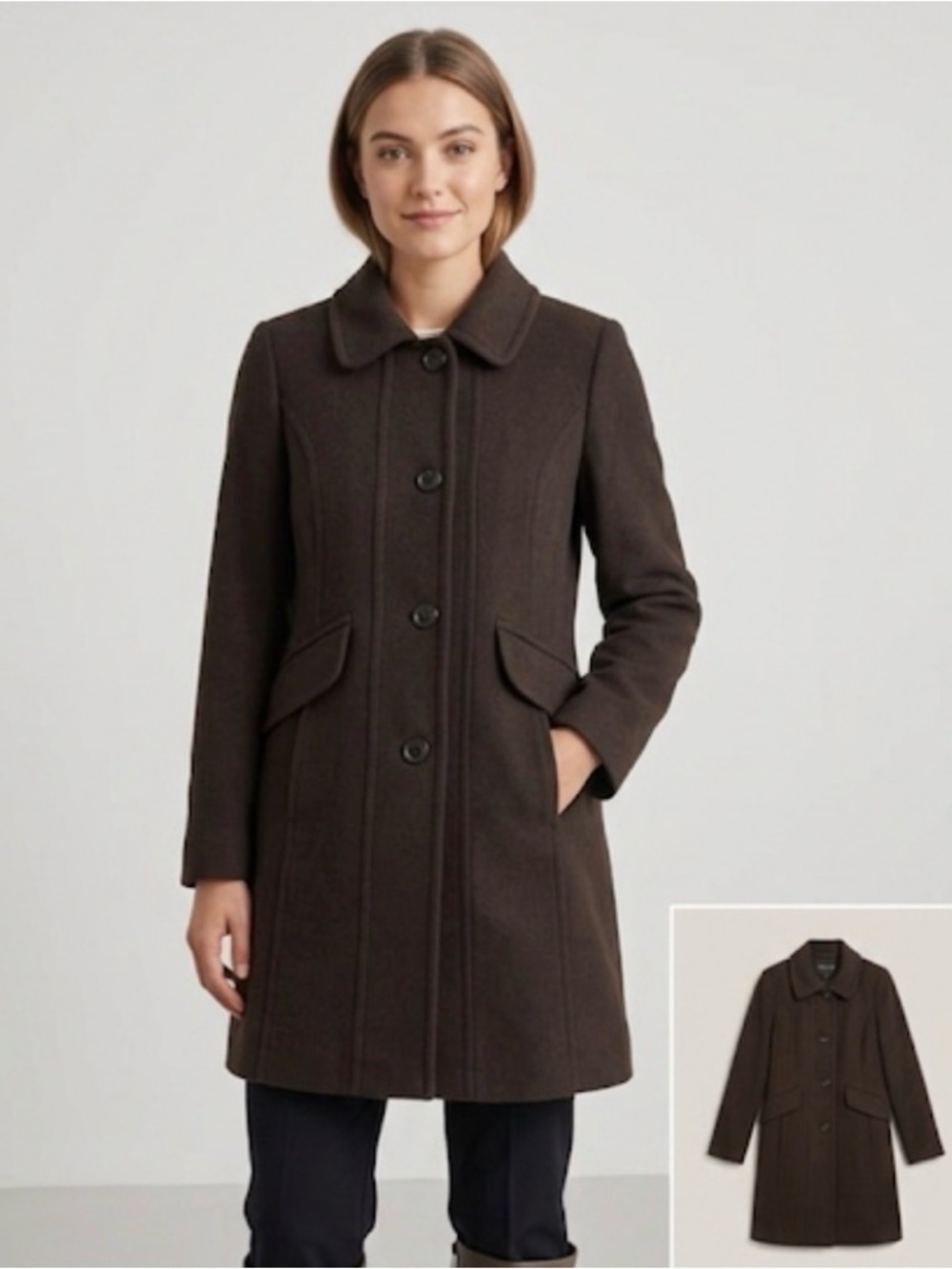 Anne Klein Dark Brown Lambswool And Cashmere Peacoat